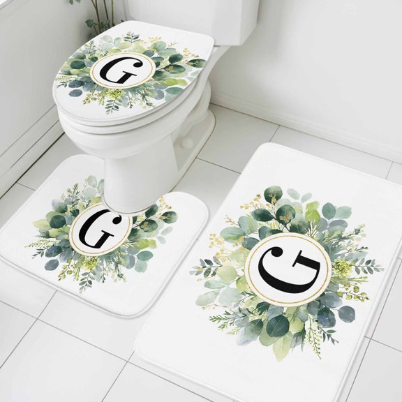 Letter G Bathroom Rugs Set Alphabet Green Eucalyptus Leaves Plant Simple Non Slip Absorbent Soft Bath Mats 3 Piece Set with Bathroom Rug, U-Shaped Floor Mat, Toilet Seat Cover Small Size