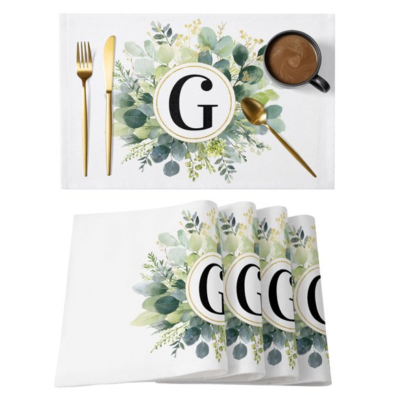 Letter G Cotton Linen Placemats Set of 1, Alphabet Green Eucalyptus Leaves Plant Simple Washable Table Place Mats Heat Insulating Placemat for Dining Room Kitchen Daily Use 13 x 19 Inch