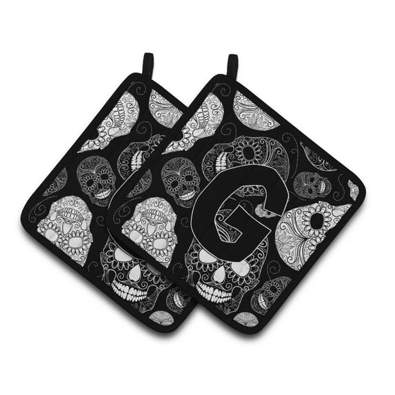 Letter G Day of the Dead Skulls Black Pair of Pot Holders