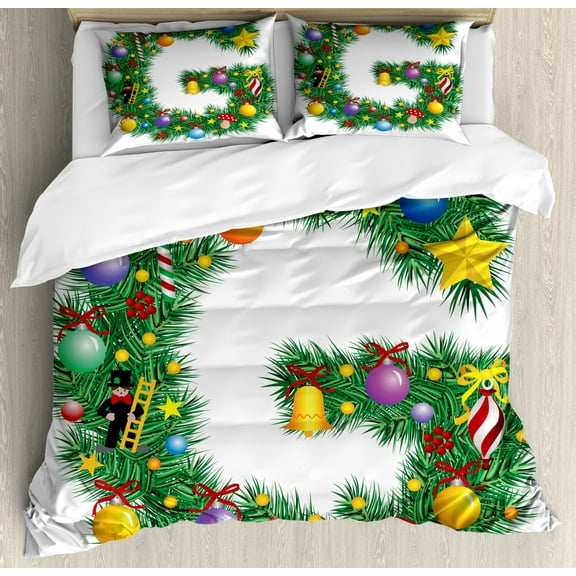 Letter G Duvet Cover Set King Size, Christmas Tree Style Letter G with Capital Style Vibrant Celebration Items Holiday, Decorative 3 Piece Bedding Set with 2 Pillow Shams, Multicolor, by Ambesonne