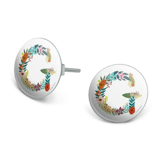 Letter G Floral Monogram Initial Novelty Silver Plated Stud Earrings