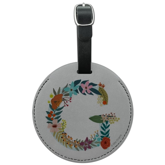 Letter G Floral Monogram Initial Round Leather Luggage Card Suitcase Carry-On ID Tag