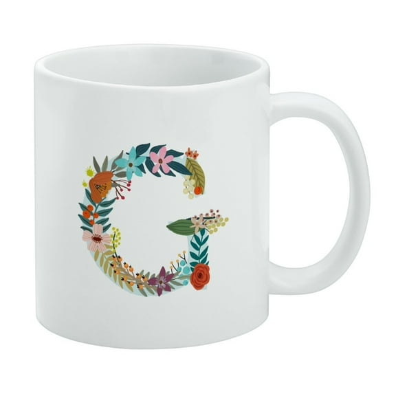 Letter G Floral Monogram Initial White Mug