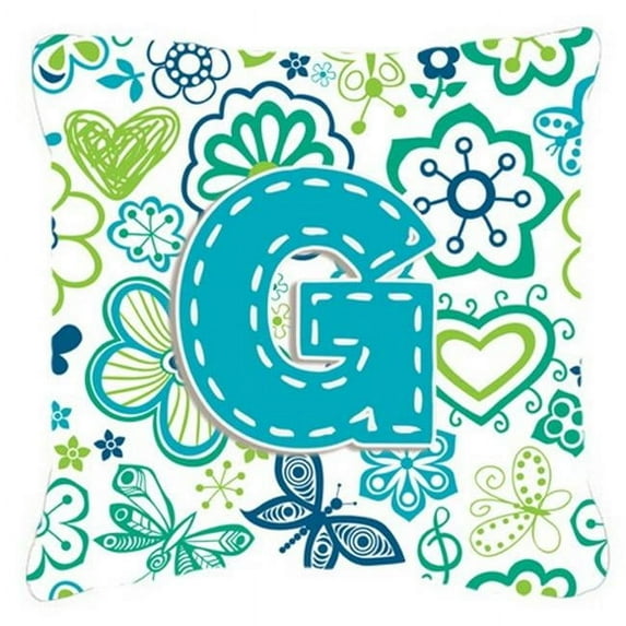 Letter G Flowers and Butterflies Teal Blue Fabric Decorative Pillow