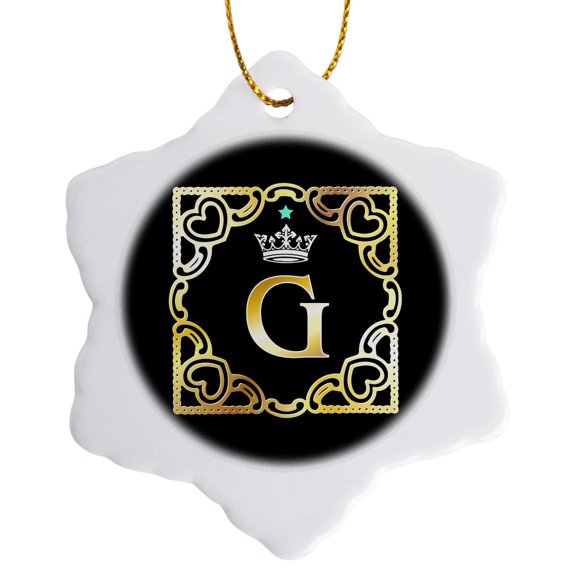 3drose, Letter G- Image of Monogram with Crown and Blue Star- Not Metal Foil, 3 inch Snowflake Porcelain Ornament