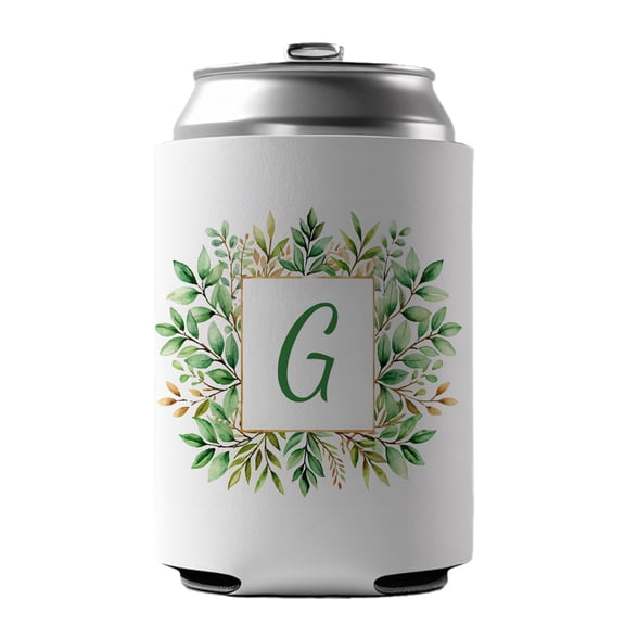 Letter G Initial Monogram Frame Leaf Drink Beer Soda Insulated Sleeve Holder Can Cooler Hugger
