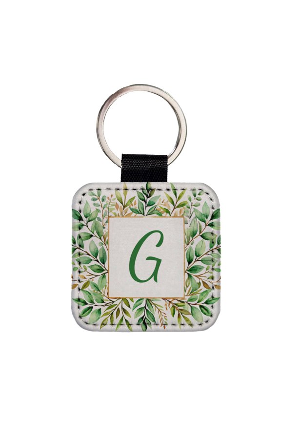 Letter G Initial Monogram Frame Leaf Faux Leather Square Keychain