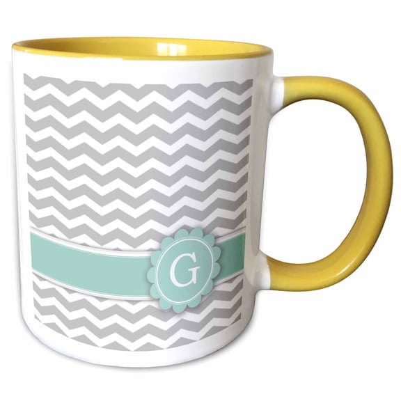 3drose, Letter G Initial on Grey and White Chevron Pattern with Mint Personal Tag - Gray Zigzags - Zig Zags, 11oz Two-tone Yellow Mug