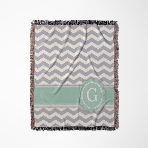 Letter G Initial On Grey And White Chevron Pattern With Mint Personal Tag - Gray Zigzags - Zig Zags, Woven Blanket