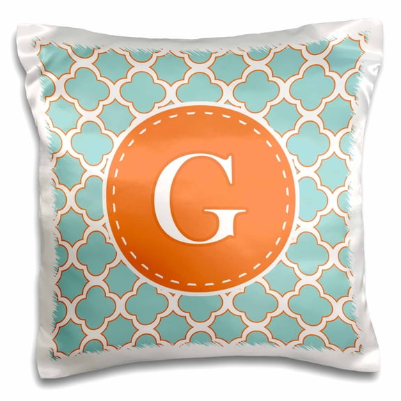 3dRose, Letter G Monogram Orange and Blue Quatrefoil Pattern, 16x16 inch Pillow Case