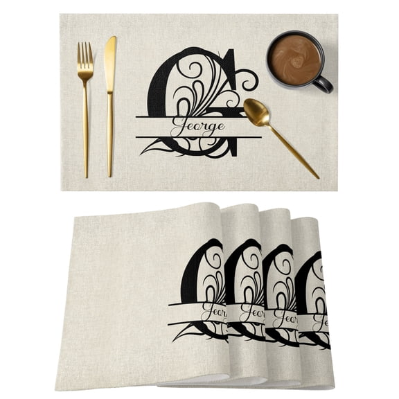 Letter G Placemats Set of 4, Cotton Linen Fabric Place Mats, Monogram Words Washable Decorative Table Mats Protector for Home Kitchen Dining Wedding Party Coffee Tables
