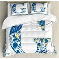 thumbnail image 1 of Letter G Queen Size Duvet Cover Set, Flower Letter G Natural Elements in Blue Tones Alphabet European Culture, Decorative 3 Piece Bedding Set with 2 Pillow Shams, Blue Yellow Orange, by Ambesonne, 1 of 3