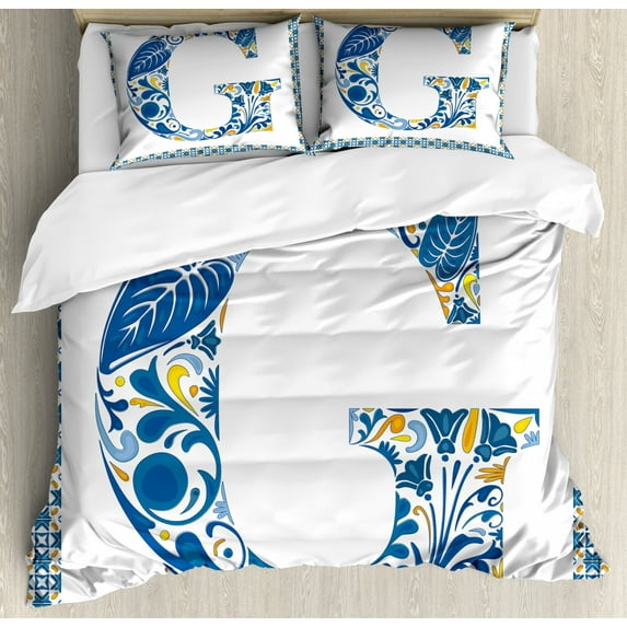 Letter G Queen Size Duvet Cover Set, Flower Letter G Natural Elements in Blue Tones Alphabet European Culture, Decorative 3 Piece Bedding Set with 2 Pillow Shams, Blue Yellow Orange, by Ambesonne