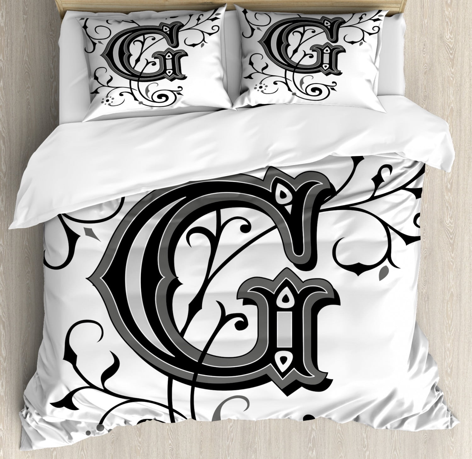 Black and White Queen Size Monogram Duvet Cover Set