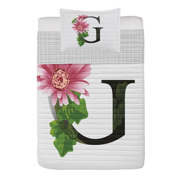 Letter G Reversible Bedspread Set, Alphabet Letter with Blossoming Gerbera Flower and G Spring Inspired Font, Pillow Shams & Comforter Microfiber Bedding Set, 3 Sizes, Pink Green Black, by Ambesonne
