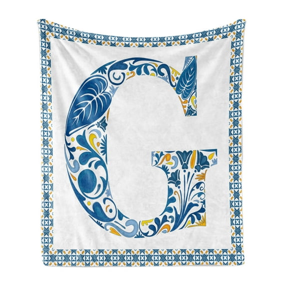 Letter G Soft Flannel Fleece Blanket, Flower Letter G Natural Elements in Blue Tones Alphabet European Culture, Cozy Plush for Indoor and Outdoor Use, 60" x 80", Blue Yellow Orange, by Ambesonne