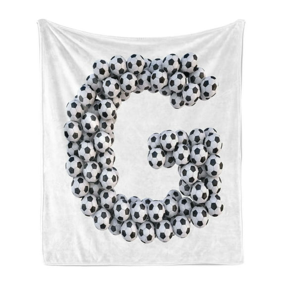 Letter G Soft Flannel Fleece Blanket, Goal Themed Footballs Alphabet Soccer Arrangement Capital Letter Composition, Cozy Plush for Indoor and Outdoor Use, 60" x 80", Black and White, by Ambesonne