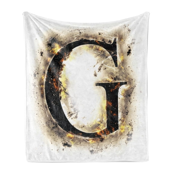 Letter G Soft Flannel Fleece Throw Blanket, Abstract Blaze Alphabet Design Flame Burnt Capital Paper Effect, Cozy Plush for Indoor and Outdoor Use, 70" x 90", Yellow Black Tan, by Ambesonne