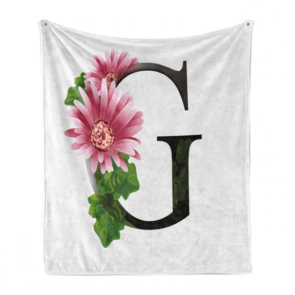 Letter G Soft Flannel Fleece Throw Blanket, Alphabet Letter with Blossoming Gerbera Flower and G Spring Inspired Font, Cozy Plush for Indoor and Outdoor Use, 70" x 90", Pink Green Black, by Ambesonne