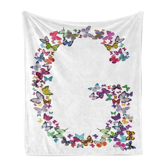 Letter G Soft Flannel Fleece Throw Blanket, Exotic Colorful Butterflies in the Shape of Letter G Feminine Girls Design, Cozy Plush for Indoor and Outdoor Use, 50" x 70", Multicolor, by Ambesonne