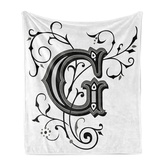 Letter G Soft Flannel Fleece Throw Blanket, Middle Inspired Uppercase Letter Royal Title Classic Design, Cozy Plush for Indoor and Outdoor Use, 70" x 90", Black Grey White, by Ambesonne
