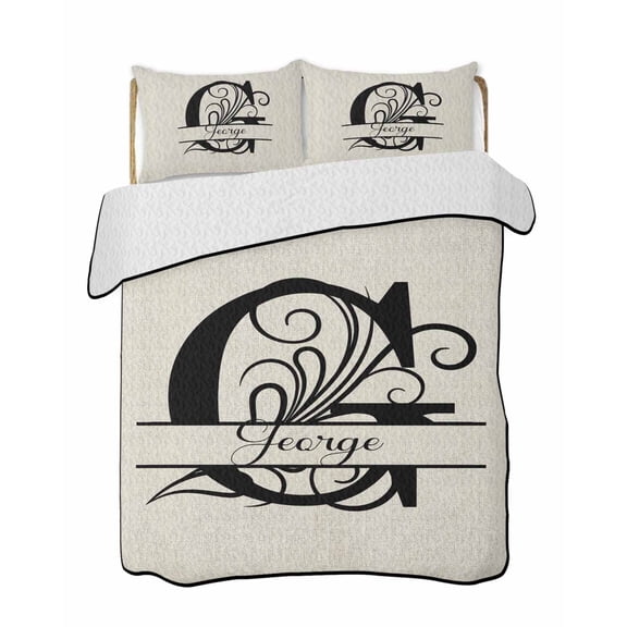 Letter G Summer Quilt Set Queen Size, Soft Microfiber Quilted Bedding Set with 2 Pillow Shams, Monogram Words Lightweight All Season Bedspread Coverlet for Bedroom 90"x96"