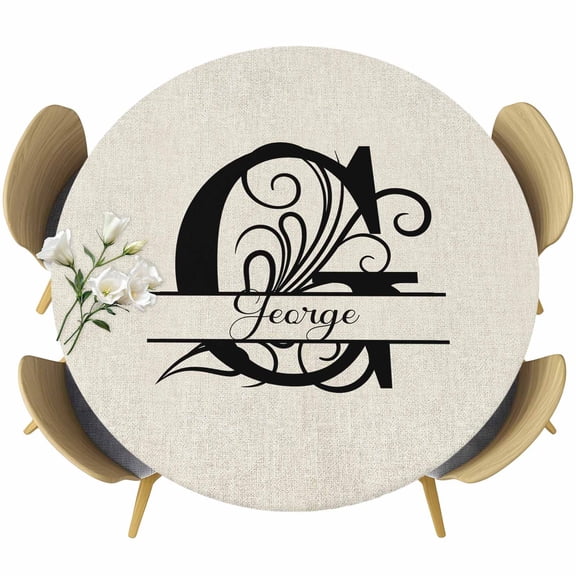 Letter G Table Cloth, Round Fitted Tablecloths with Elastic Edge, Monogram Words Wipeable Waterproof Table Cover for Kitchen Wedding 36-44 Inches