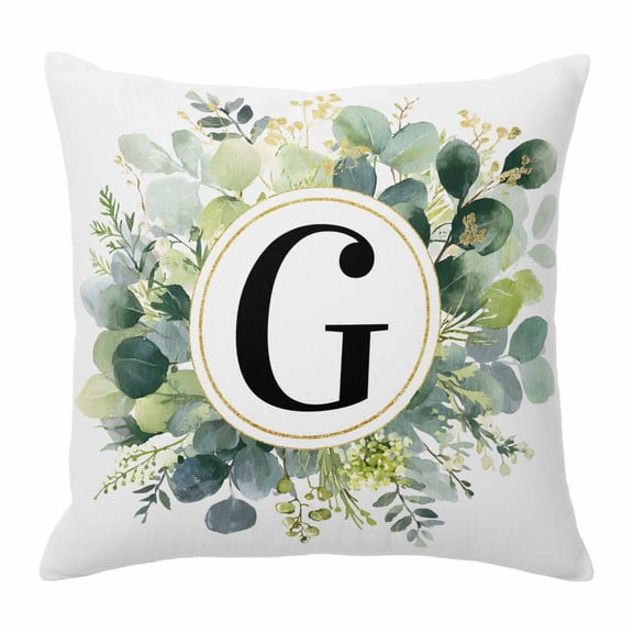 Letter G Throw Pillow Cover Alphabet Green Eucalyptus Leaves Plant Simple Cotton Linen Cushion Cover Throw Pillow Case with Invisible Zipper for Couch Sofa Bed Chair Car 16x16 Inch