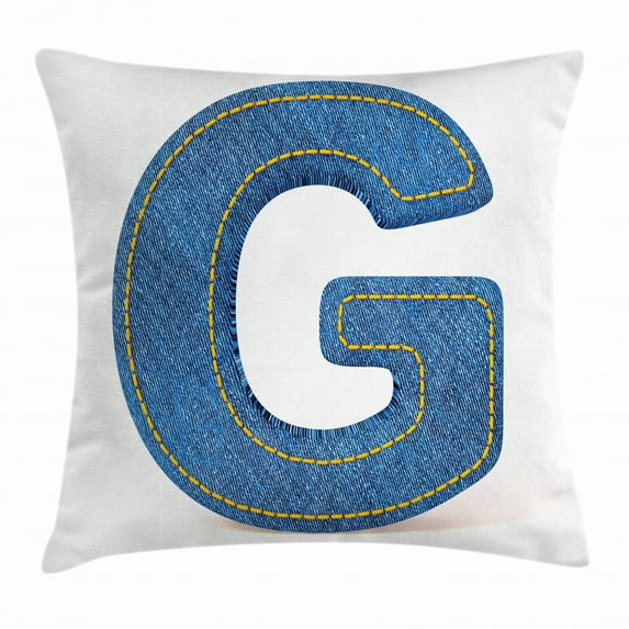 Letter G Throw Pillow Cushion Cover, Modern Denim Font Typeset Character Jeans Cloth with Stitches Uppercase Print, Decorative Square Accent Pillow Case, 16 X 16 Inches, Blue Yellow, by Ambesonne