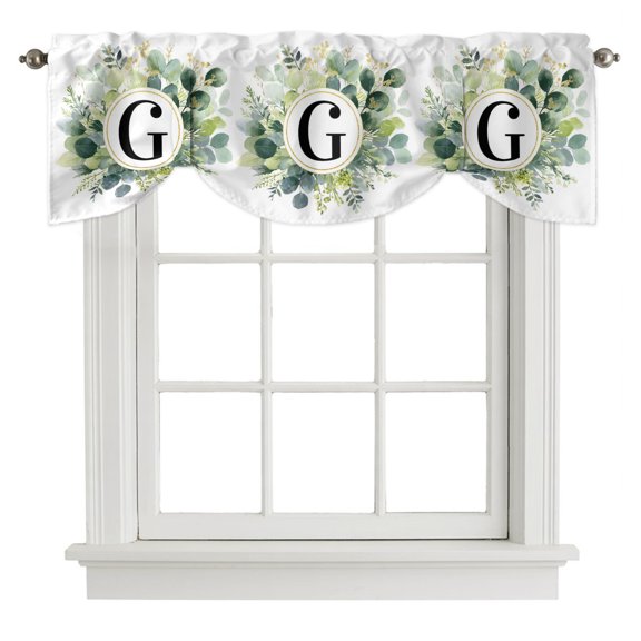 Letter G Tie Up Valances Curtain, Alphabet Green Eucalyptus Leaves Plant Simple Adjustable Valance for Window Light Filtering for Kitchen and Bathroom Rod Pocket 1 Panel 42x12in