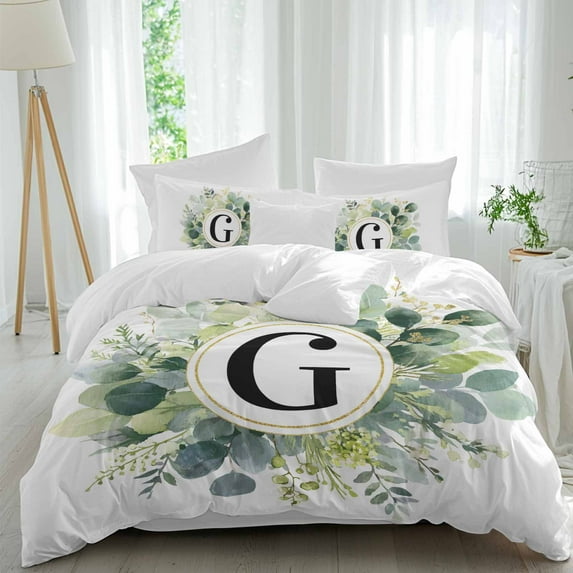Letter G Twin Size Comforter Set, Alphabet Green Eucalyptus Leaves Plant Simple Bedding for All Seasons, 4 Pcs Bed Set, 1 Quiltcover (68"x86") ,1Sheet(67"x116"), 2Pillowcases (30"x20")