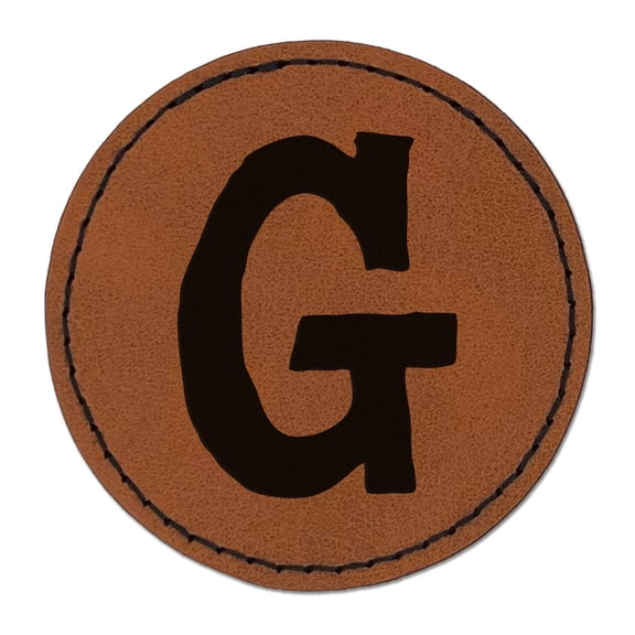 Letter G Uppercase Cute Typewriter Font 2.5" Faux Leather Round Engraved Iron-On Patch - Brown