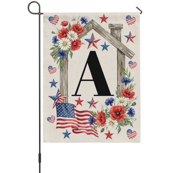 Letter A Garden Flag 12 x 18 Inches, Patriotic US Flag Wooden Frame Red Blue Floral Linen Texture Weather Proof Outdoor Patio Flags Double Sided Small Garden Decoration for Yard Outside Home