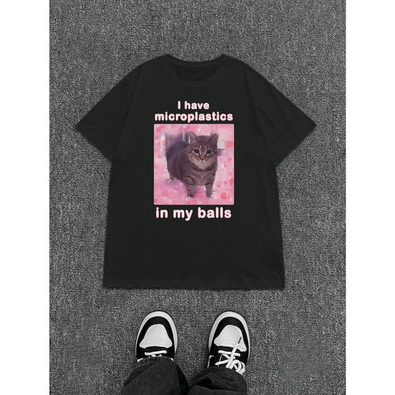 Letter Graphic Casual Tee T Shirt Top Satirical Cat Design Edgy Humor Short Sleeve Crew Neck Black S-5XL