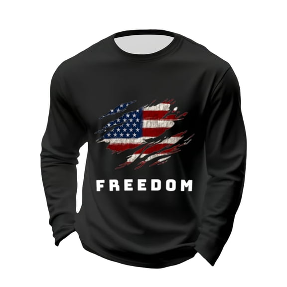 Letter Graphic T Shirts for Men Freedom Long Sleeve Tee Tops Black L
