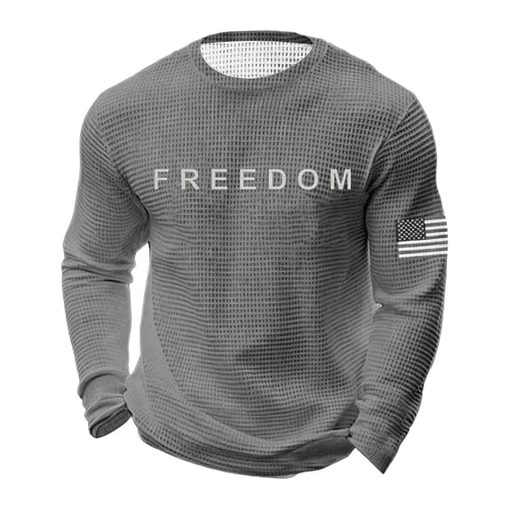 Letter Graphic T Shirts for Men Freedom Long Sleeve Tee Tops Grey S