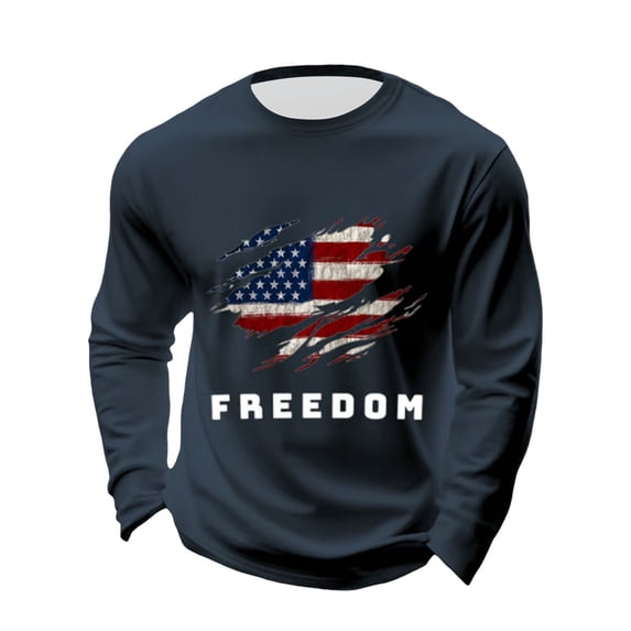 Letter Graphic T Shirts for Men Freedom Long Sleeve Tee Tops Navy 2XL