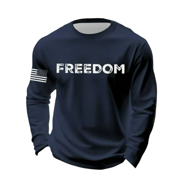 Letter Graphic T Shirts for Men Freedom Long Sleeve Tee Tops Navy L