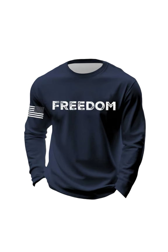 Letter Graphic T Shirts for Men Freedom Long Sleeve Tee Tops Navy XL