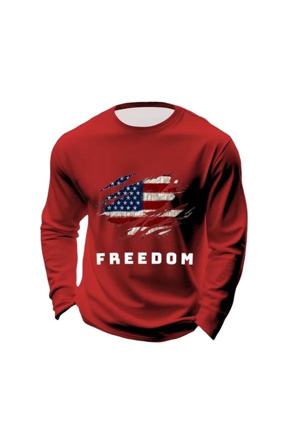 Letter Graphic T Shirts for Men Freedom Long Sleeve Tee Tops Red XL