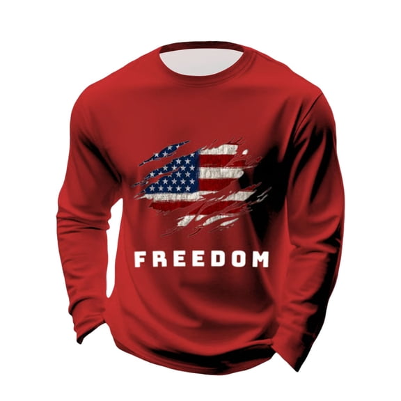 Letter Graphic T Shirts for Men Freedom Long Sleeve Tee Tops Red XL