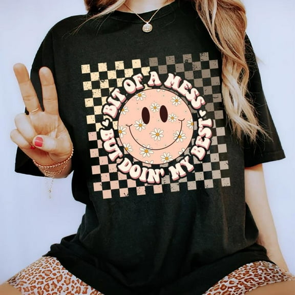 Letter Graphic Tee T-Shirt Top Vintage Smiling Face Design Inspirational Doin My Best Message Black S-5XL