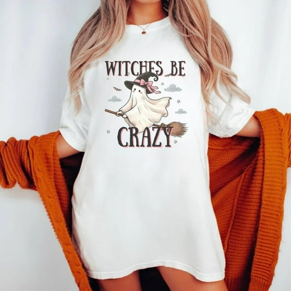 Letter Graphic Tee Witches Be Crazy Design Short Sleeve Round Neck Comfort Cotton T-Shirt White S-5XL
