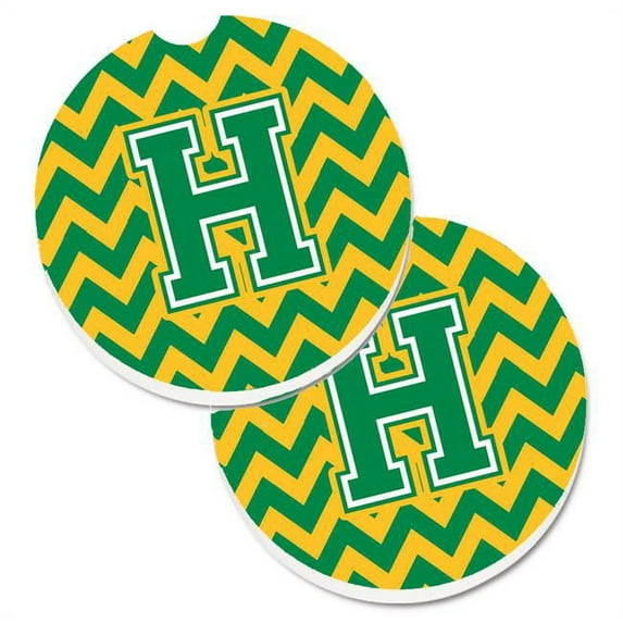 Letter H Chevron Green & Gold Set of 2 Cup Holder Car Coaster