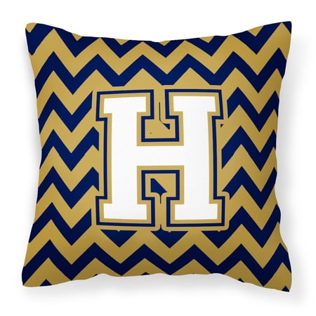 Letter H Chevron Navy Blue and Gold Fabric Decorative Pillow