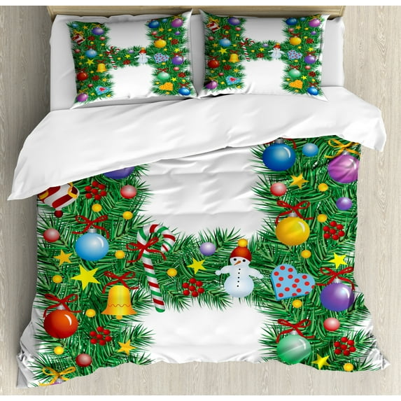 Letter H Duvet Cover Set King Size, Uppercase Letter H Pine Tree Pattern with Christmas Celebration Theme Stars Image, Decorative 3 Piece Bedding Set with 2 Pillow Shams, Multicolor, by Ambesonne