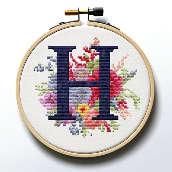 Letter H in Flowers Stamped Cross Stitch Kits for Beginners Easy with Hoop 11CT Needlepoint Embroidery Counted Cross Stitch Kits Art Craft Wall Decoration 35x35cm(1)
