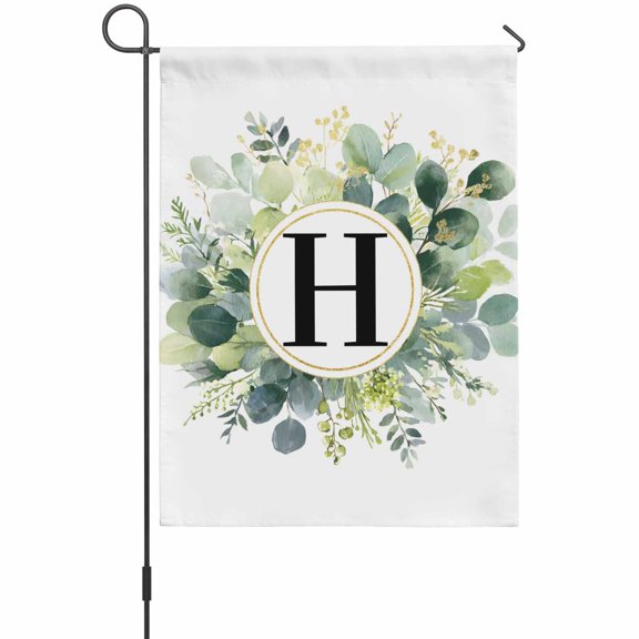 Letter H Garden Flags For Outdoor, Alphabet Green Eucalyptus Leaves Plant Simple Small Double Side Yard Flags Weather Proof Garden Decor for Lawn Outside Holiday 12 x 18 Inches