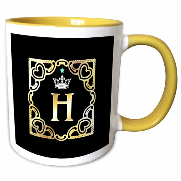 3drose, Letter H- Image of Monogram with Crown and Blue Star- Not Metal Foil, 11oz Two-tone Yellow Mug