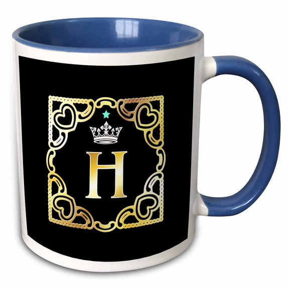 3drose, Letter H- Image of Monogram with Crown and Blue Star- Not Metal Foil, 15oz Two-tone Blue Mug